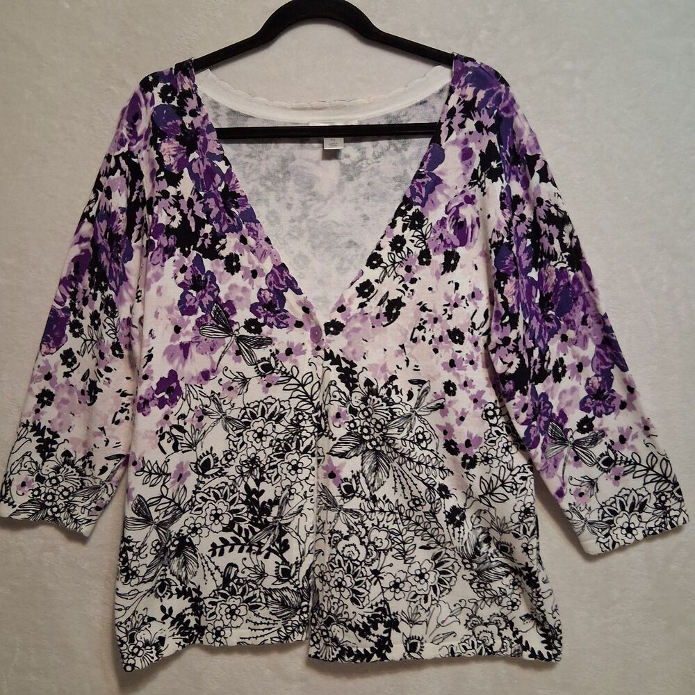 Christopher Banks PL Petite Cardigan Sweater Purple Floral Lightweight Office
